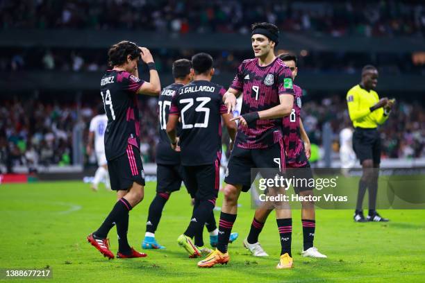 Raúl Jiménez of Mexico celebrates with teammates after scoring his team's second goal during the match between Mexico and El Salvador as part of the...