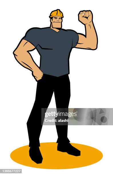 a strong worker wears a hard hat and raises a fist and stands with one fist on his hip - macho stock illustrations