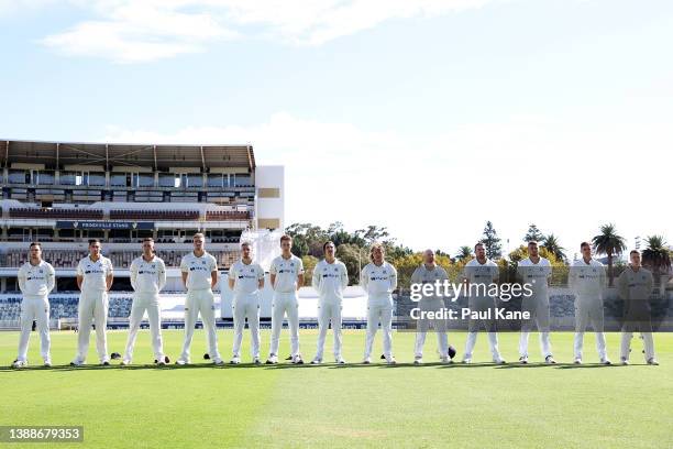 Victorian players line up for the national anthem during day one of the Sheffield Shield Final match between Western Australia and Victoria at the...