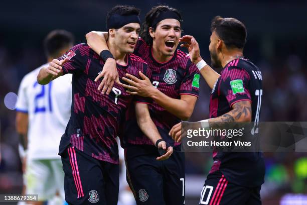 Raúl Jiménez of Mexico celebrates with teammates after scoring his team's second goal during the match between Mexico and El Salvador as part of the...