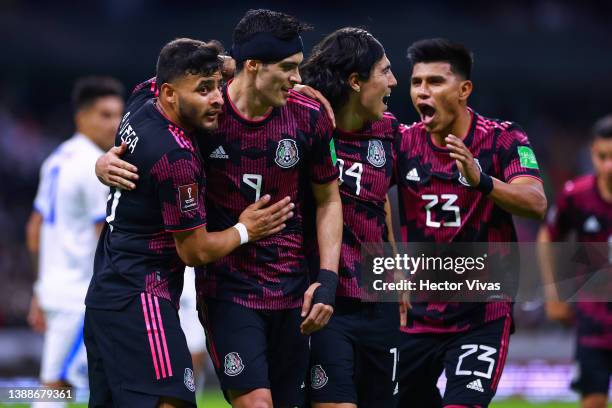 Raúl Jiménez of Mexico celebrates with teammates after scoring his team's second goal during the match between Mexico and El Salvador as part of the...