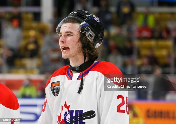 Conor Geekie of Team White looks on during the 2022 CHL/NHL Top Prospects Game at Kitchener Memorial Auditorium on March 23, 2022 in Kitchener,...