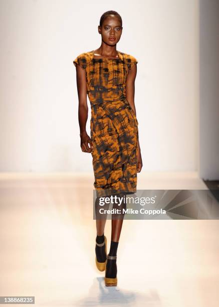 Model walks the runway at the Lela Rose Fall 2012 fashion show for Payless during Mercedes-Benz Fashion Week at The Studio at Lincoln Center on...