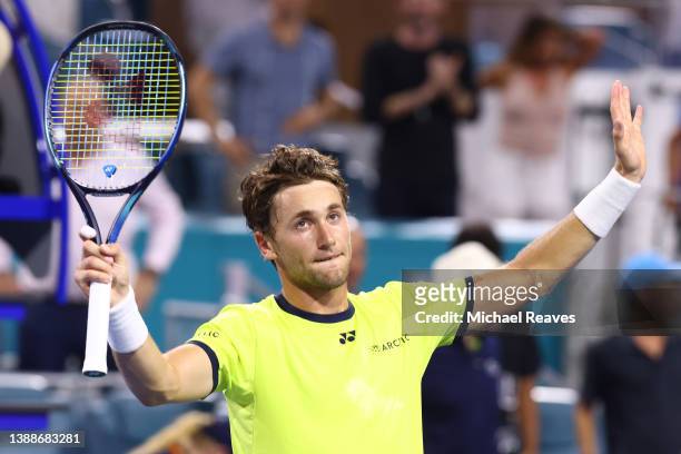 Casper Ruud of Norway celebrates after defeating Alexander Zverev of Germany in the Men's quarterfinal during the Miami Open at Hard Rock Stadium on...