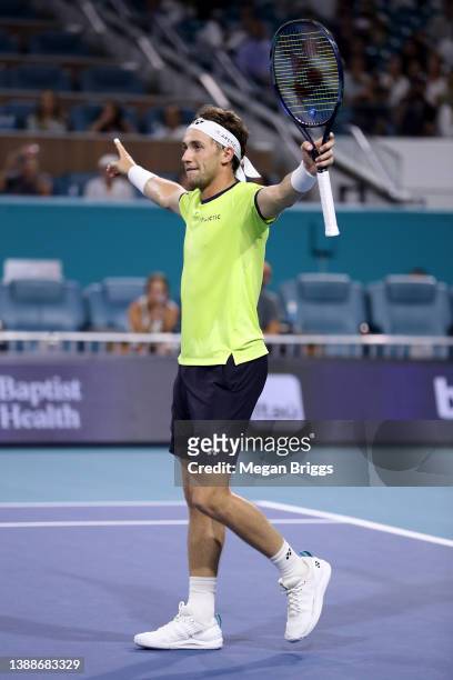 Casper Ruud of Norway celebrates after defeating Alexander Zverev of Germany during the Men's Singles match on Day 10 of the 2022 Miami Open...
