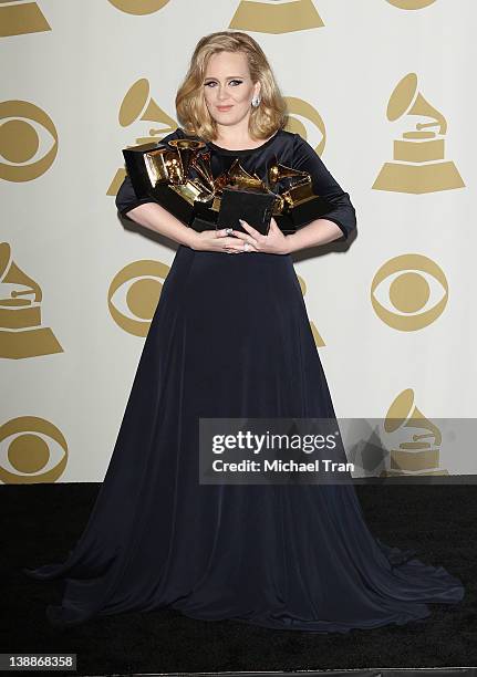 Adele holds her 6 GRAMMYS at the 54th Annual GRAMMY Awards - press room held at Staples Center on February 12, 2012 in Los Angeles, California.
