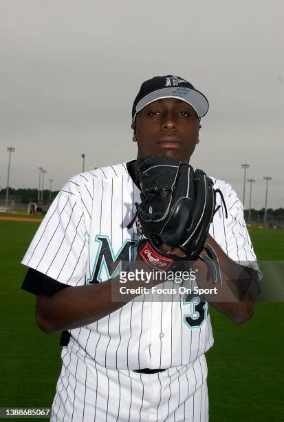 Dontrelle Willis of the Florida Marlins poses for this portrait during Major League Baseball spring training circa 2003 at Space Coast Stadium in...