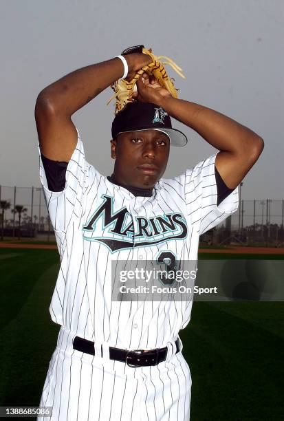 Dontrelle Willis of the Florida Marlins poses for this portrait during Major League Baseball spring training on February 26, 2005 at Space Coast...