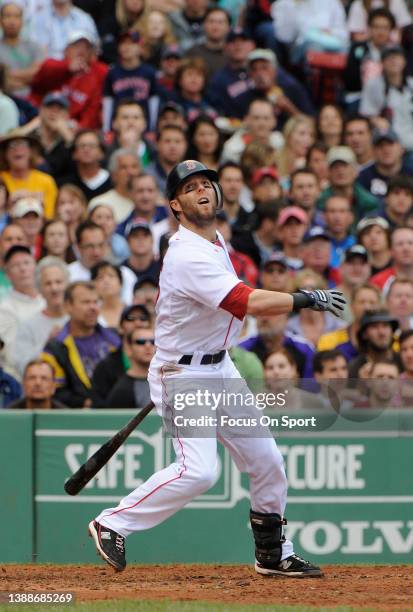 Dustin Pedroia of the Boston Red Sox bats against the Philadelphia Phillies during a Major League Baseball game on June 13, 2010 at Fenway Park in...