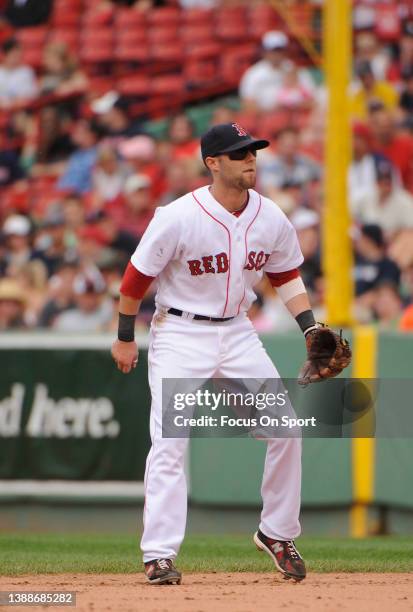 Dustin Pedroia of the Boston Red Sox in action against the Oakland Athletics during a Major League Baseball game on June 3, 2010 at Fenway Park in...