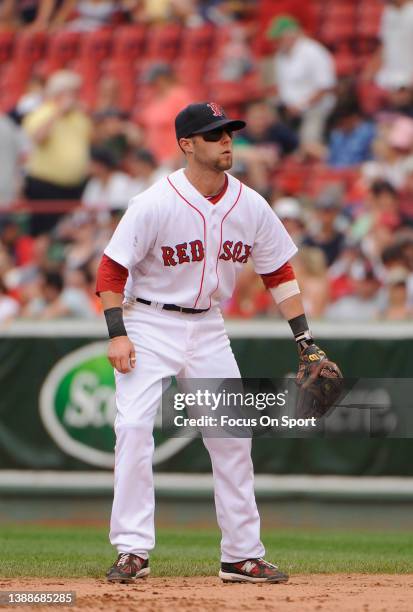 Dustin Pedroia of the Boston Red Sox in action against the Oakland Athletics during a Major League Baseball game on June 3, 2010 at Fenway Park in...