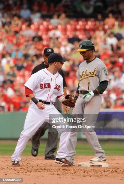 Dustin Pedroia of the Boston Red Sox in action against the Oakland Athletics during a Major League Baseball game on June 3, 2010 at Fenway Park in...