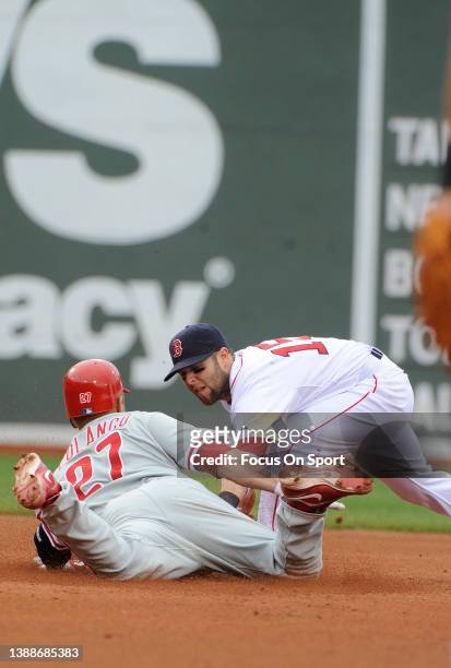 Dustin Pedroia of the Boston Red Sox in action against the Philadelphia Phillies during a Major League Baseball game on June 13, 2010 at Fenway Park...