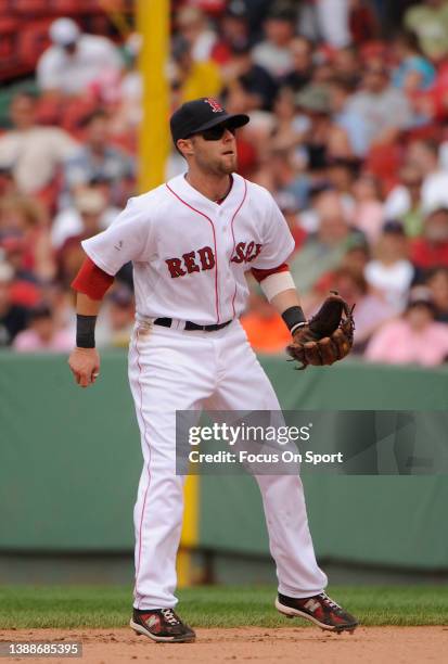 Dustin Pedroia of the Boston Red Sox in action against the Oakland Athletics during a Major League Baseball game on June 3, 2010 at Fenway Park in...