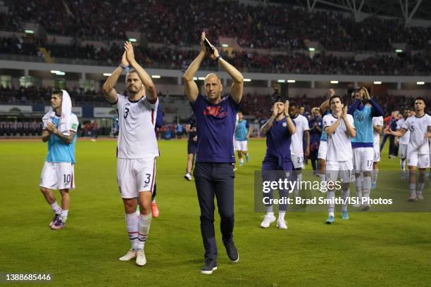Walker Zimmerman and head coach Gregg Berhalter of the United States salute the fans during a FIFA World Cup qualifier game between Costa Rica and...