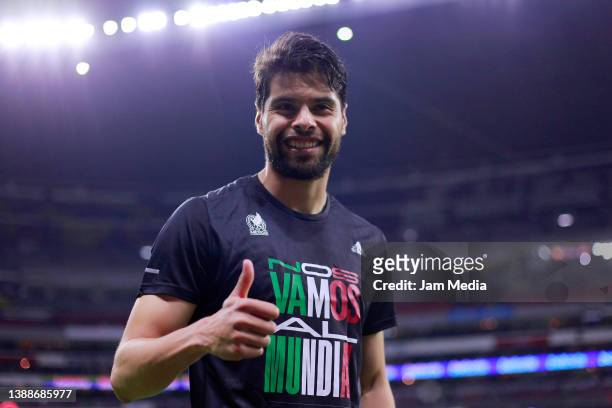 Nestor Araujo of Mexico celebrates after qualifying to world cup during the match between Mexico and El Salvador as part of the Concacaf 2022 FIFA...