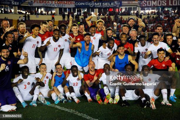 Players of Canada and staff members celebrate qualifying to Qatar 2022 after a match between Panama and Canada as part of Concacaf 2022 FIFA World...