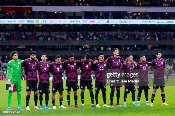 Players of Mexico line up prior to the match between Mexico and El Salvador as part of the Concacaf 2022 FIFA World Cup Qualifiers at Azteca Stadium...