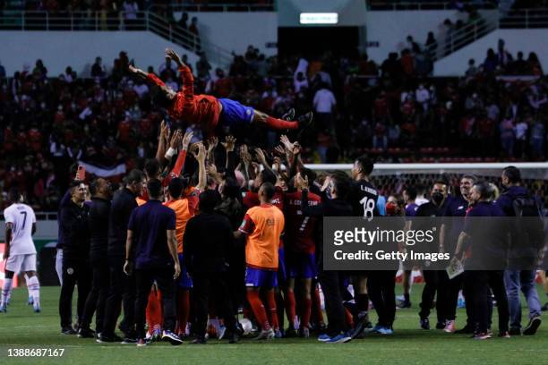 Players of Costa Rica celebarte their victory after a match between Costa Rica and United States as part of the Concacaf 2022 FIFA World Cup...