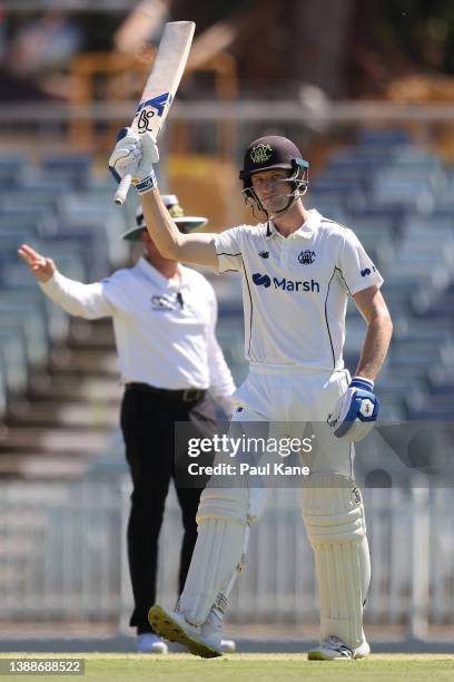 Cameron Bancroft of Western Australia celebrates his half century during day one of the Sheffield Shield Final match between Western Australia and...