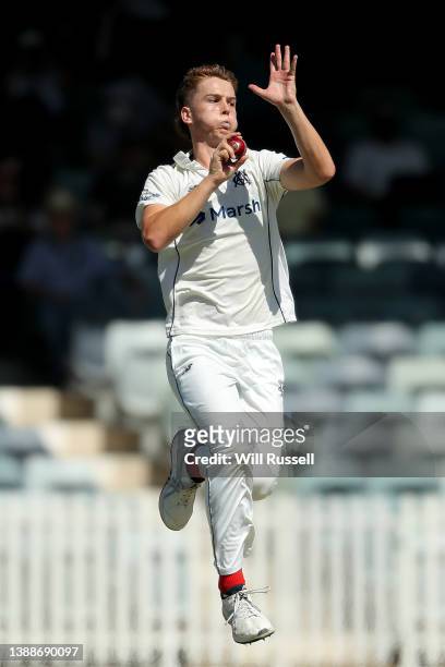 Mitchell Perry of Victoria bowls during day one of the Sheffield Shield Final match between Western Australia and Victoria at WACA, on March 31 in...