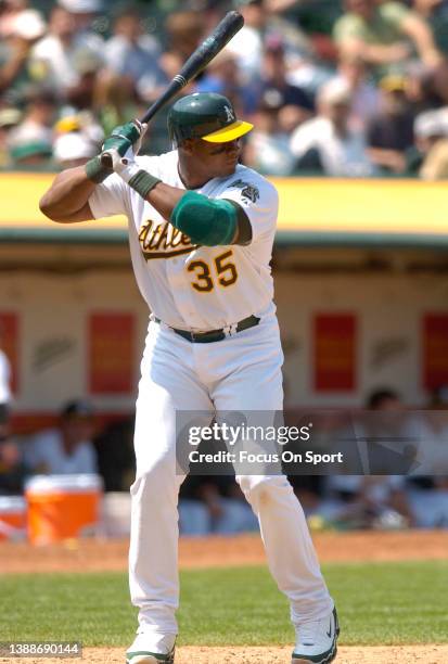 Frank Thomas of the Oakland Athletics bats against the Minnesota Twins during a Major League Baseball game April 24, 2008 at the Oakland-Alameda...