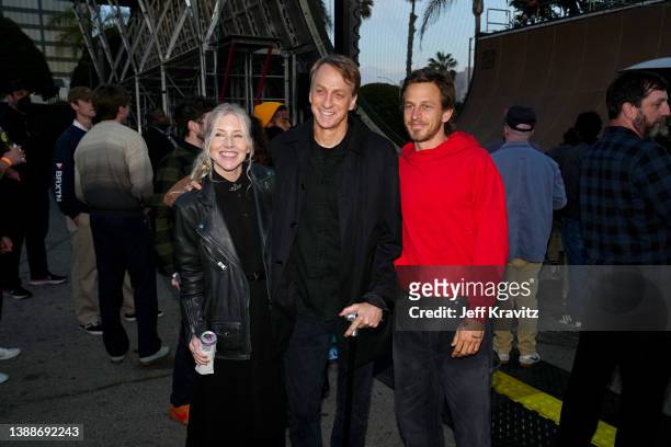 Catherine Goodman, Tony Hawk and Riley Hawk attend TONY HAWK: UNTIL THE WHEELS FALL OFF, Los Angeles premiere, at The Bungalow on March 30, 2022 in...