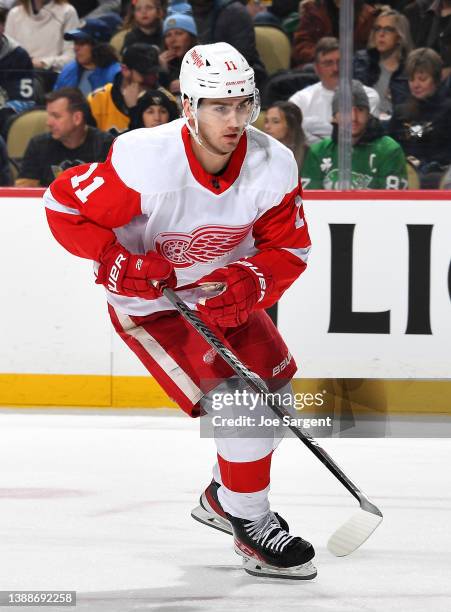 Filip Zadina of the Detroit Red Wings skates against the Pittsburgh Penguins at PPG PAINTS Arena on March 27, 2022 in Pittsburgh, Pennsylvania.