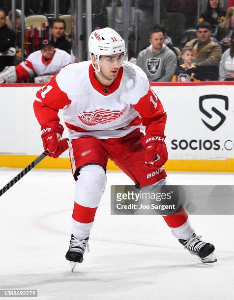 Filip Zadina of the Detroit Red Wings skates against the Pittsburgh Penguins at PPG PAINTS Arena on March 27, 2022 in Pittsburgh, Pennsylvania.