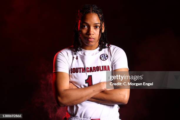 Zia Cooke of the South Carolina Gamecocks poses during media day at 2022 NCAA Women's Basketball Final Four at the Minneapolis Convention Center on...