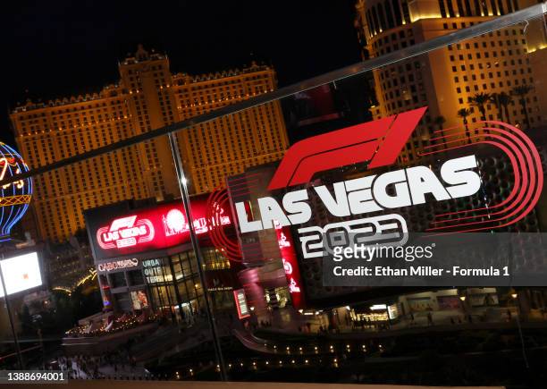 Decal of the F1 Las Vegas Race 2023 is shown with digital signs on the Las Vegas Strip displaying the race logo during the Formula 1 Las Vegas Race...