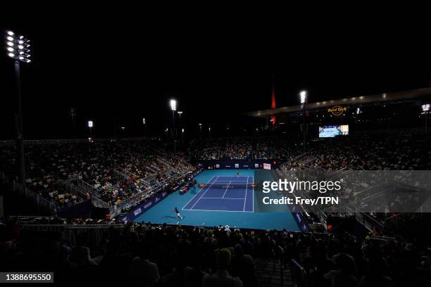 General view of Carlos Alcaraz of Spain in action against Stefanos Tsitsipas of Greece in the fourth round of the Miami Open at the Hard Rock Stadium...