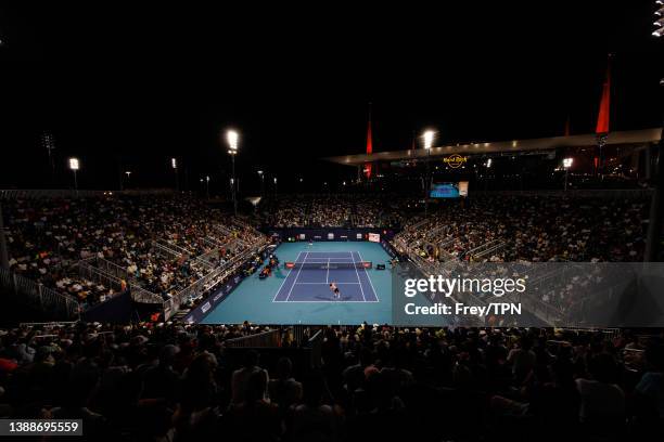 General view of Carlos Alcaraz of Spain in action against Stefanos Tsitsipas of Greece in the fourth round of the Miami Open at the Hard Rock Stadium...