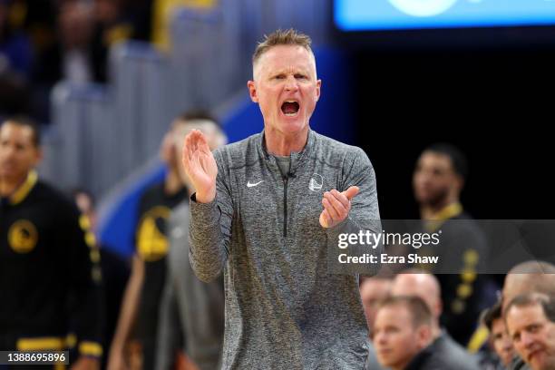 Golden State Warriors head coach Steve Kerr complains about a call during their game against the Phoenix Suns in the second half at Chase Center on...