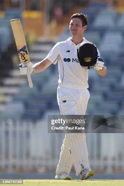 Cameron Bancroft of Western Australia celebrates his century during day one of the Sheffield Shield Final match between Western Australia and...