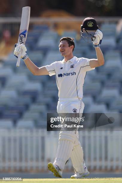 Cameron Bancroft of Western Australia celebrates his century during day one of the Sheffield Shield Final match between Western Australia and...