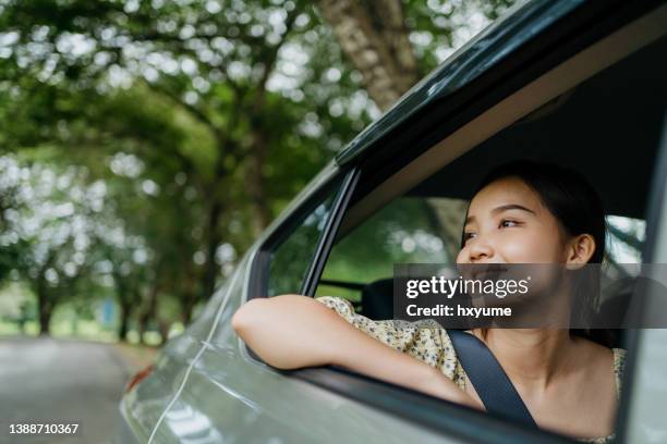 mujer joven disfrutando de viaje - domestic car fotografías e imágenes de stock