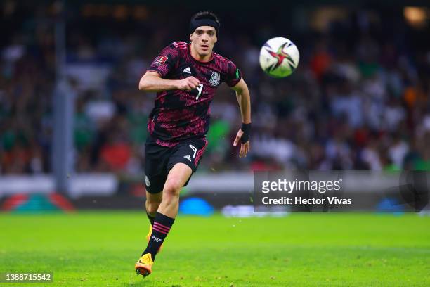 Raul Jimenez of Mexico drives the ball during the match between Mexico and El Salvador as part of the Concacaf 2022 FIFA World Cup Qualifiers at...