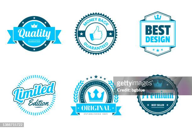 set of blue badges and labels - design elements - clothing tag stock illustrations