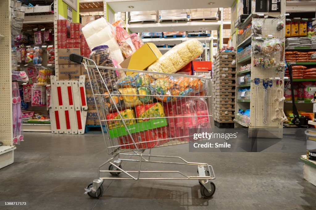 Trolley filled with groceries in wholesale store Landscape