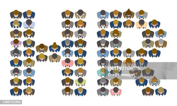 stockillustraties, clipart, cartoons en iconen met large group of business people forming hr (human resources) letters viewed from above - boven