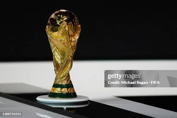 The FIFA World Cup Trophy is pictured on display during the 72nd FIFA Congress at the Doha Exhibition and Convention Center on March 31, 2022 in...