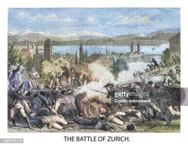 old engraved illustration of battle of zurich during the french revolutionary wars - printing zurich stock pictures, royalty-free photos & images