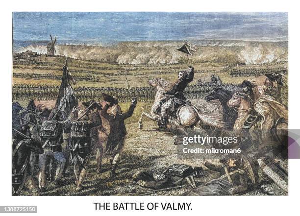 old engraved illustration of battle of valmy, first major victory by the army of france during the revolutionary wars that followed the french revolution - rivoluzione francese foto e immagini stock