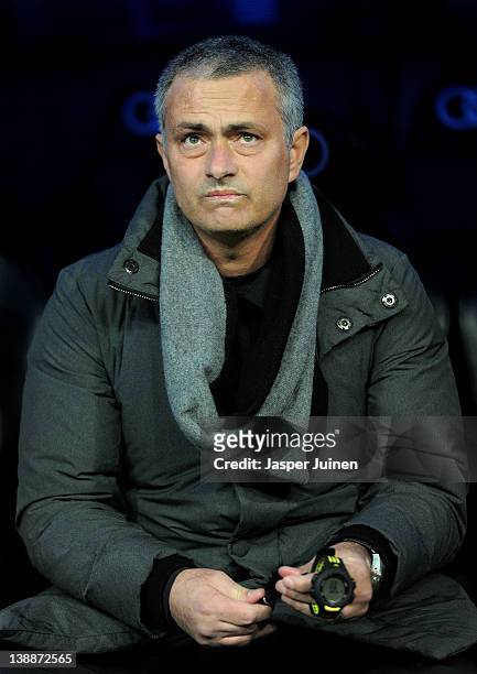 Head coach Jose Mourinho of Real Madrid on the bench during the start of the la Liga match between Real Madrid and Levante at Estadio Santiago...
