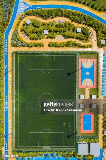 aerial view of sport court and public park in town - local soccer field stock pictures, royalty-free photos & images