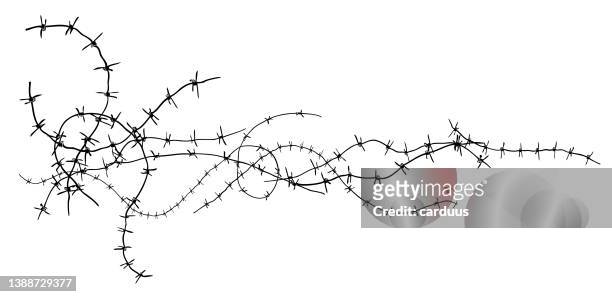 schwarz-weißer stacheldraht - barbed wire fence stock-grafiken, -clipart, -cartoons und -symbole