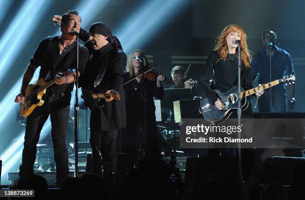 Bruce Springsteen, Steven Van Zandt, Patti Scialfa of the E Street Band Perform Live at The 54th Annual GRAMMY Awards at Staples Center on February...