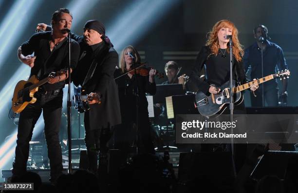 Bruce Springsteen, Steven Van Zandt, Patti Scialfa of the E Street Band Perform Live at The 54th Annual GRAMMY Awards at Staples Center on February...