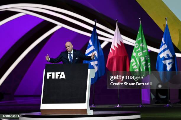 President Gianni Infantino addresses the 72nd FIFA Congress at the Doha Exhibition and Convention Center on March 31, 2022 in Doha, Qatar.